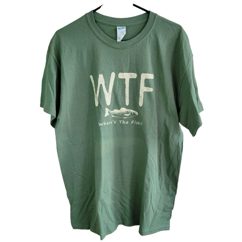 WTF Where's The Fish Graphic T-Shirt Men's Size L Green Gildan Heavy Cotton